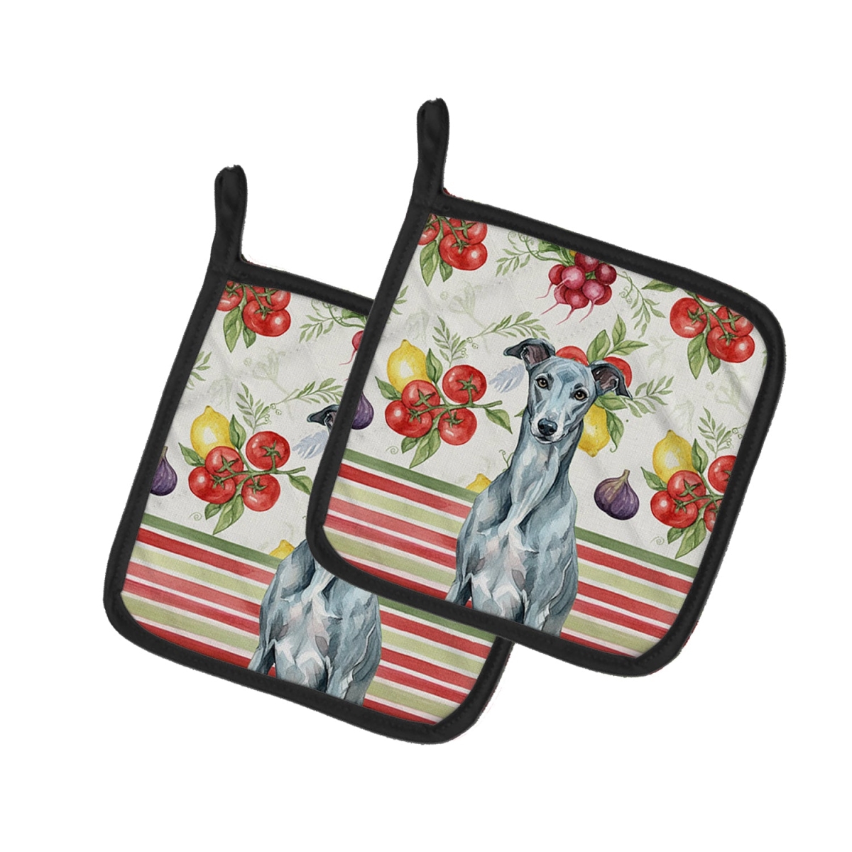 Picture of Carolines Treasures WDK8262PTHD Unisex Adult Blue Brindle Greyhound Vegetables Pot Holders - 7.5 x 7.5 in. - Set of 2