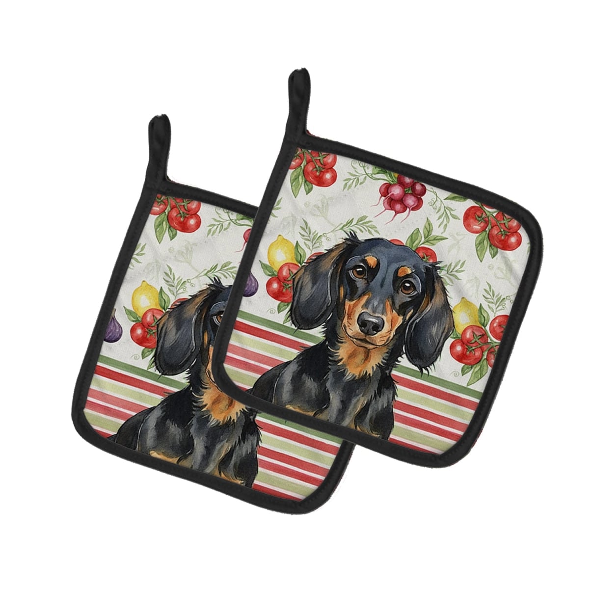 Picture of Carolines Treasures WDK8195PTHD Unisex Adult Longhaired Black & Tan Dachshund Vegetables Pot Holders - 7.5 x 7.5 in. - Set of 2