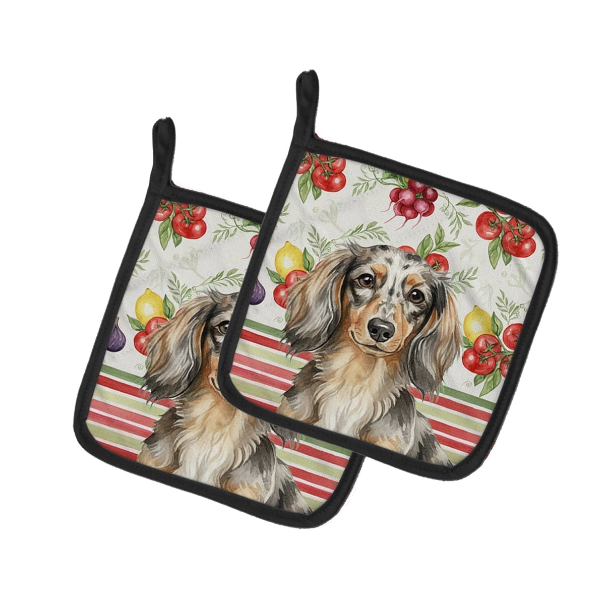 Picture of Carolines Treasures WDK8198PTHD Unisex Adult Longhaired Dapple Dachshund Vegetables Pot Holders - 7.5 x 7.5 in. - Set of 2