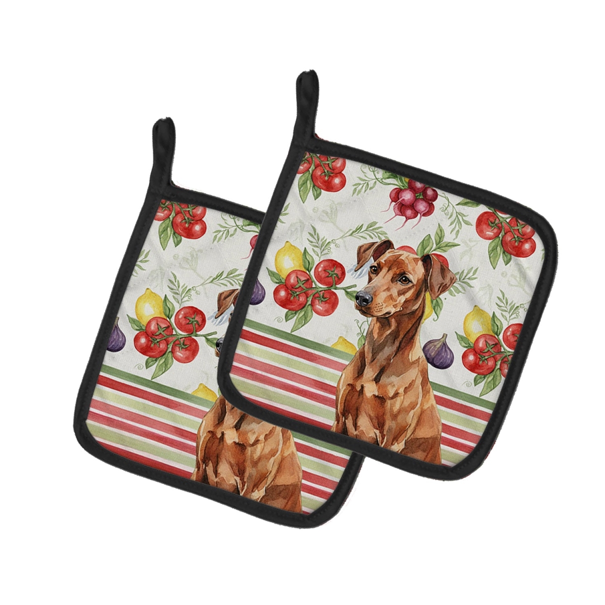 Picture of Carolines Treasures WDK8243PTHD Unisex Adult Red German Pinscher Vegetables Pot Holders - 7.5 x 7.5 in. - Set of 2