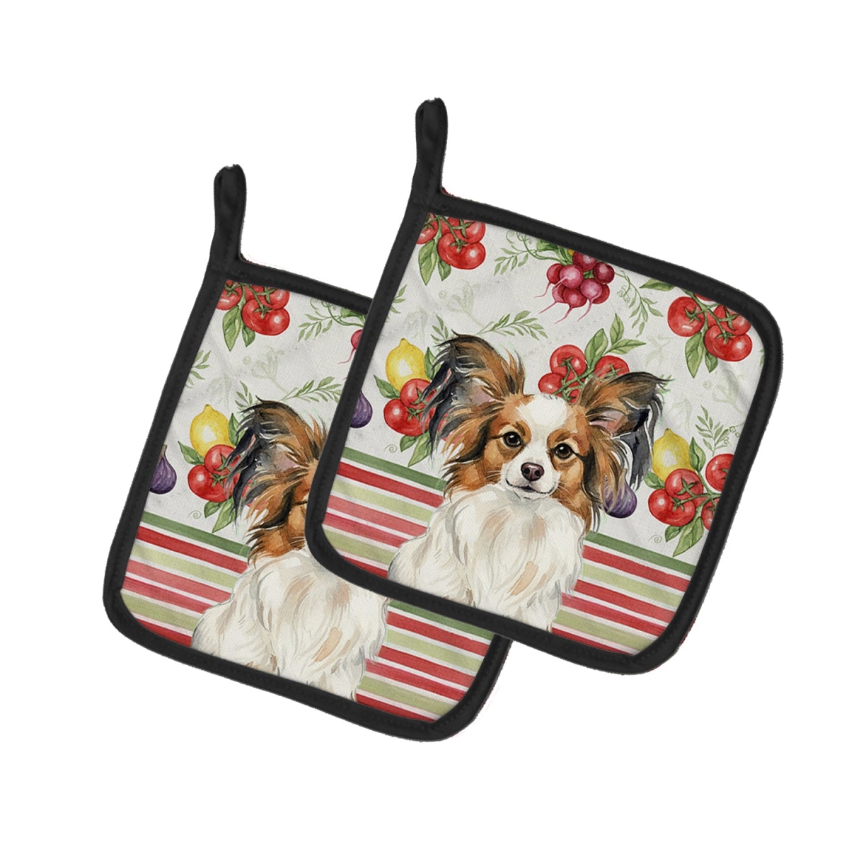 Picture of Carolines Treasures WDK8345PTHD Unisex Adult White with Sable Papillon Vegetables Pot Holders - 7.5 x 7.5 in. - Set of 2