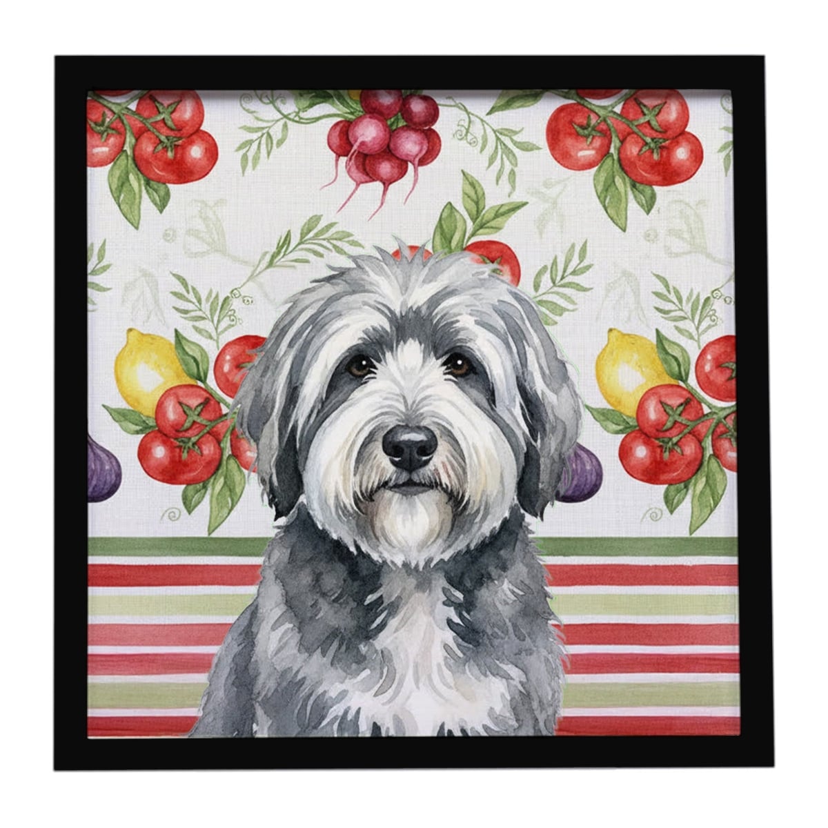 WDK8337MFP88 Unisex Gray & White Old English Sheepdog Vegetables Framed Metal Print - 8 x 8 in.