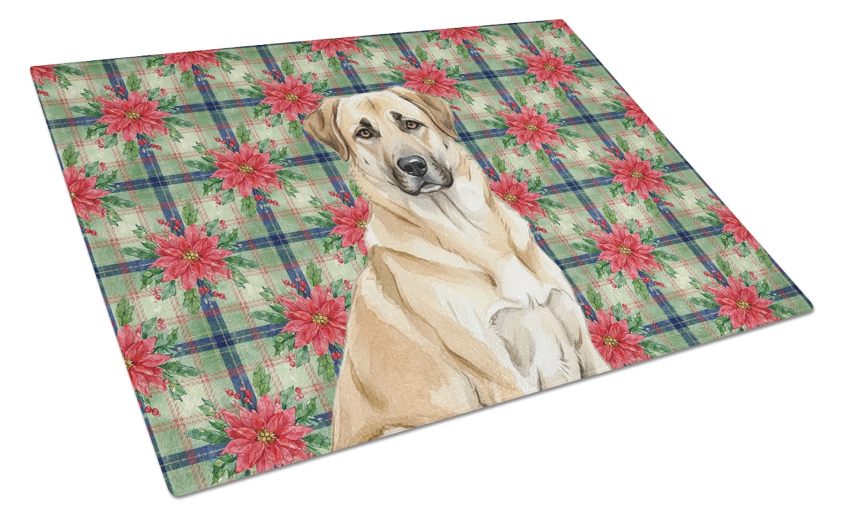 Picture of Carolines Treasures WDK8486LCB Unisex Adult Anatolian Shepherd Dog Christmas Poinsettias Glass Cutting Board - 15 x 12 in.