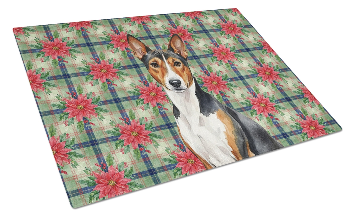 Picture of Carolines Treasures WDK8495LCB Unisex Adult Tricolor & White Basenji Christmas Poinsettias Glass Cutting Board - 15 x 12 in.