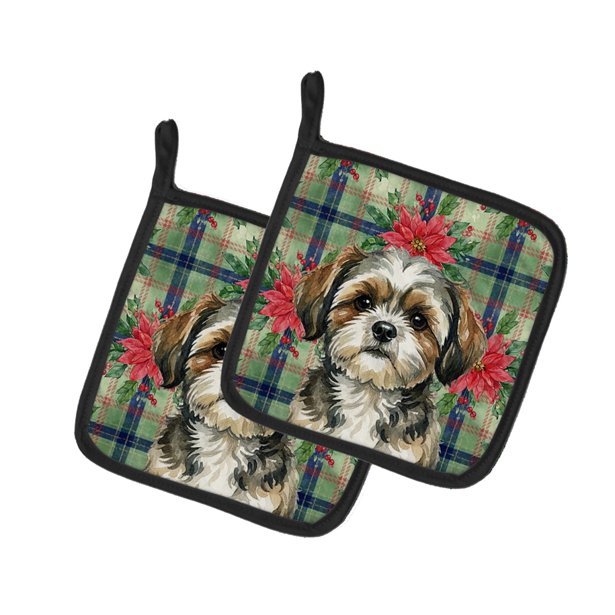 Picture of Carolines Treasures WDK8817PTHD Unisex Adult Brindle Shih Tzu Christmas Poinsettias Pot Holders - 7.5 x 7.5 in. - Set of 2