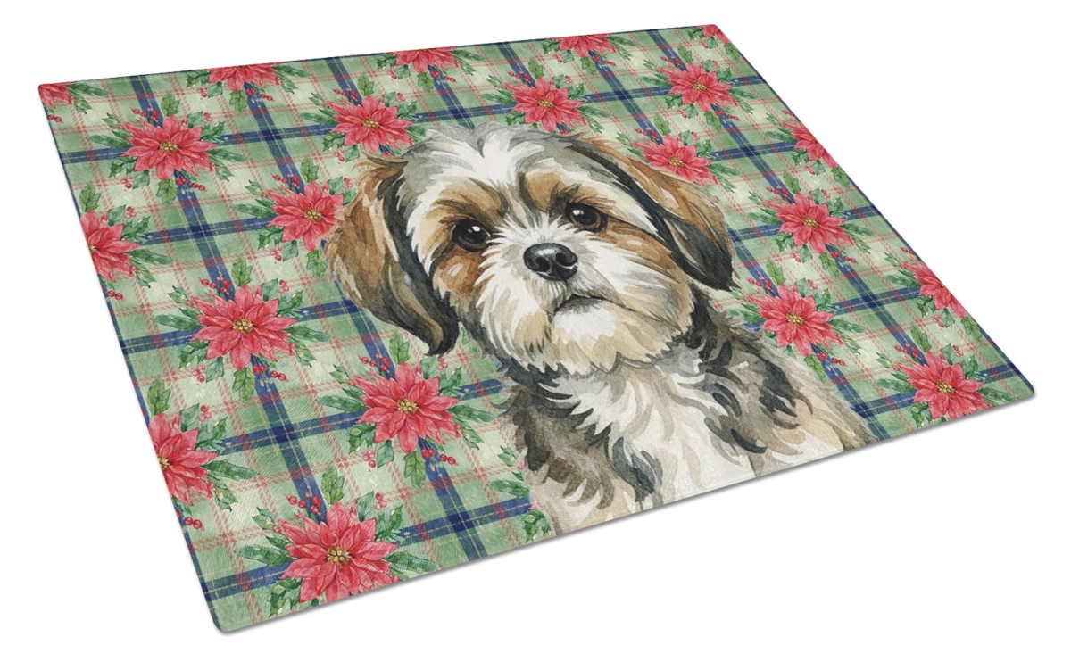 Picture of Carolines Treasures WDK8817LCB Unisex Adult Brindle Shih Tzu Christmas Poinsettias Glass Cutting Board - 15 x 12 in.