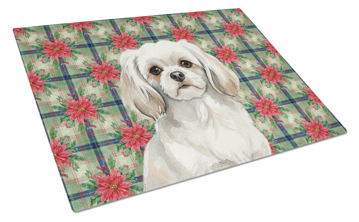Picture of Carolines Treasures WDK8843LCB Unisex Adult White Tibetan Spaniel Christmas Poinsettias Glass Cutting Board - 15 x 12 in.