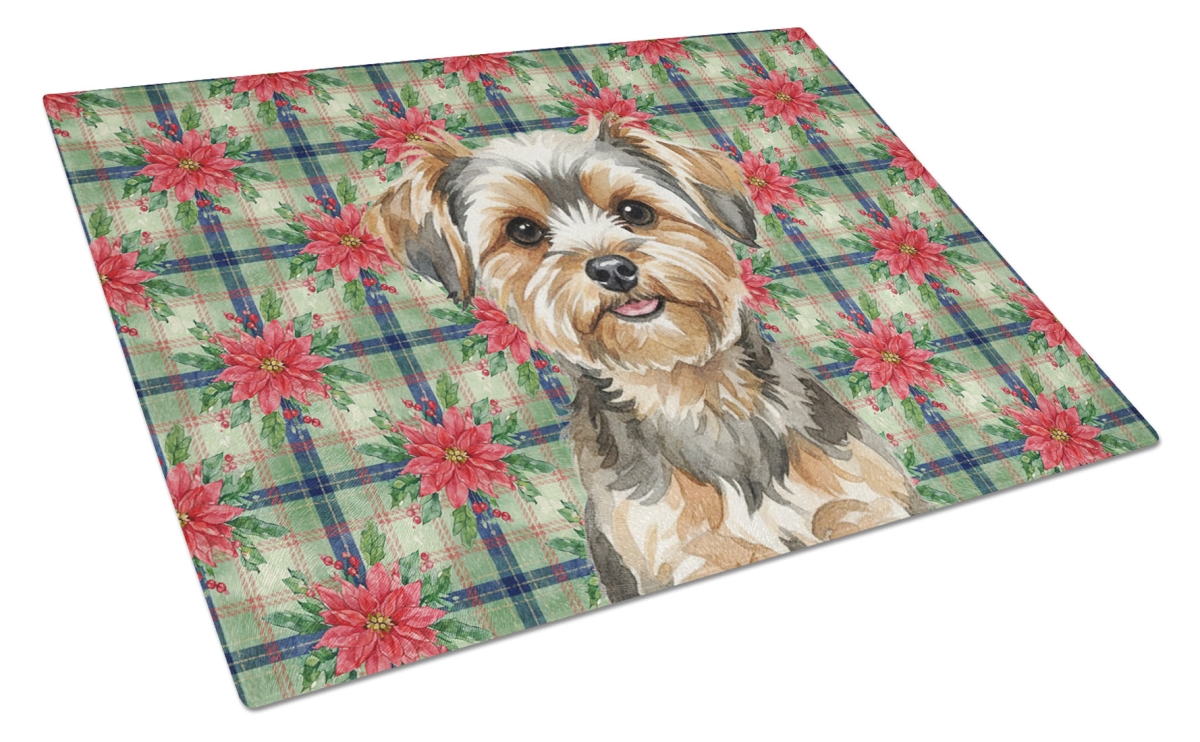 Picture of Carolines Treasures WDK8862LCB Unisex Adult Yorkie Poo Christmas Poinsettias Glass Cutting Board - 15 x 12 in.