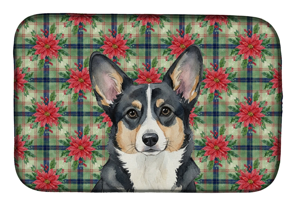 Picture of Carolines Treasures WDK8558DDM Unisex Adult Black & White Cardigan Welsh Corgi Christmas Poinsettias Dish Drying Mat - 21 x 14 in.