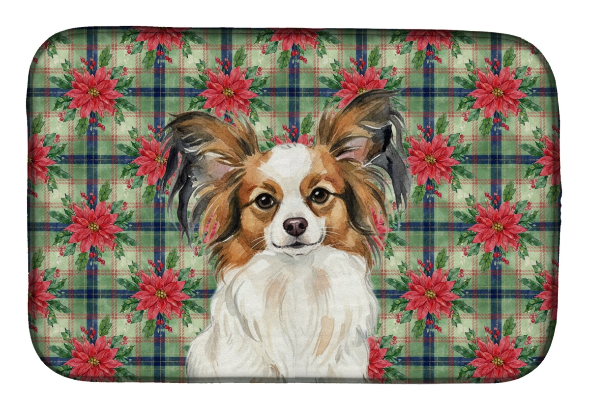 Picture of Carolines Treasures WDK8745DDM Unisex Adult White with Sable Papillon Christmas Poinsettias Dish Drying Mat - 21 x 14 in.