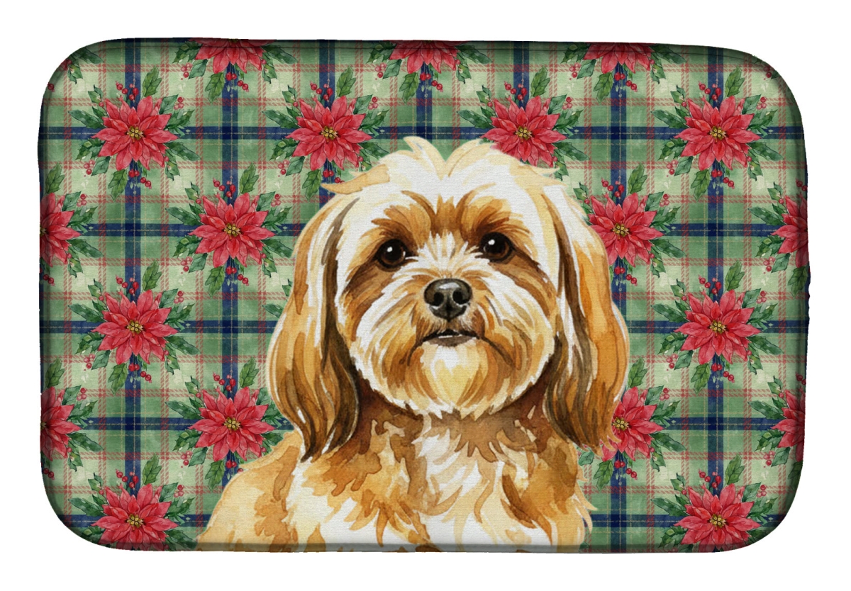 Picture of Carolines Treasures WDK8703DDM Unisex Adult Gold Lhasa Apso Christmas Poinsettias Dish Drying Mat - 21 x 14 in.