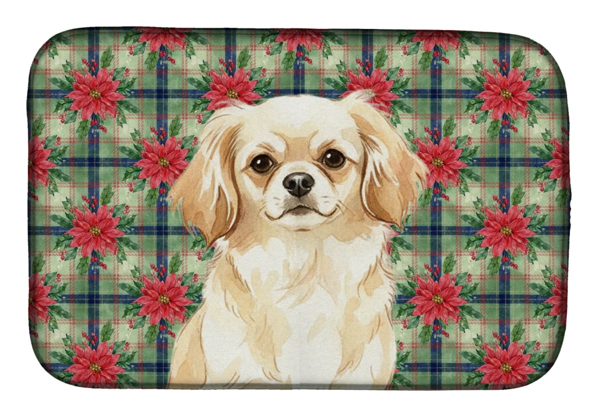 Picture of Carolines Treasures WDK8839DDM Unisex Adult Cream Tibetan Spaniel Christmas Poinsettias Dish Drying Mat - 21 x 14 in.