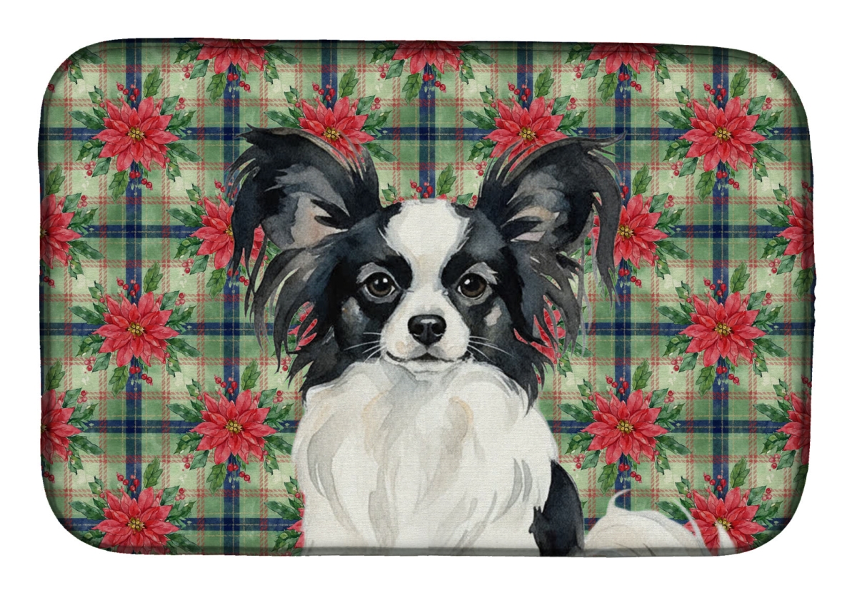 Picture of Carolines Treasures WDK8741DDM Unisex Adult Black & White Papillon Christmas Poinsettias Dish Drying Mat - 21 x 14 in.