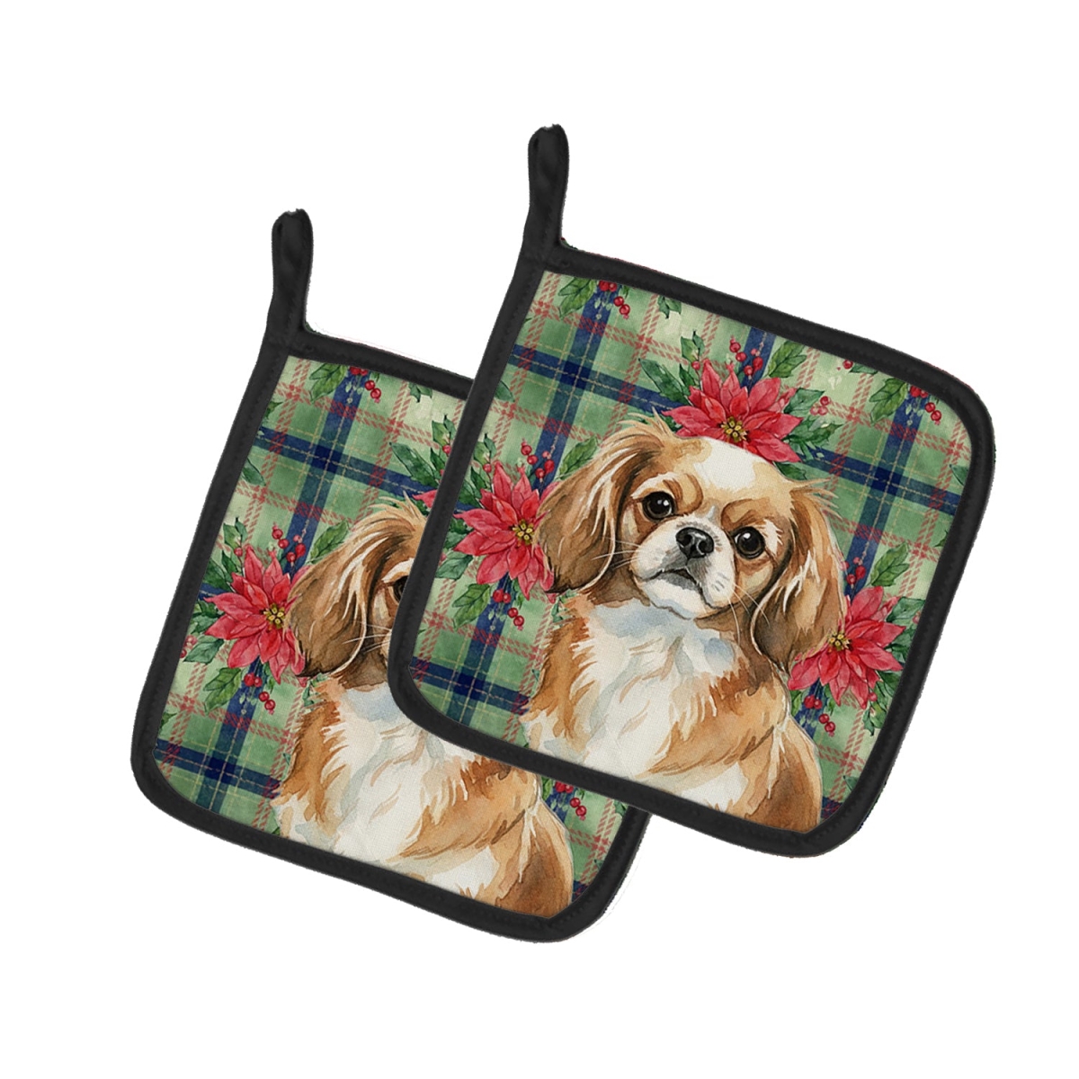 Picture of Carolines Treasures WDK8838PTHD Unisex Adult Tibetan Spaniel Christmas Poinsettias Pot Holders - 7.5 x 7.5 in. - Set of 2