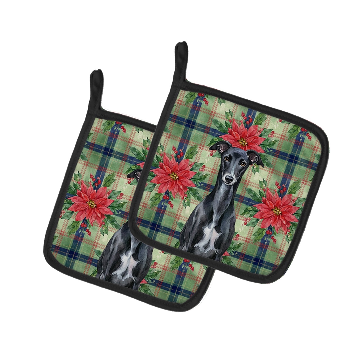 Picture of Carolines Treasures WDK8851PTHD Unisex Adult Black Whippet Christmas Poinsettias Pot Holders - 7.5 x 7.5 in. - Set of 2