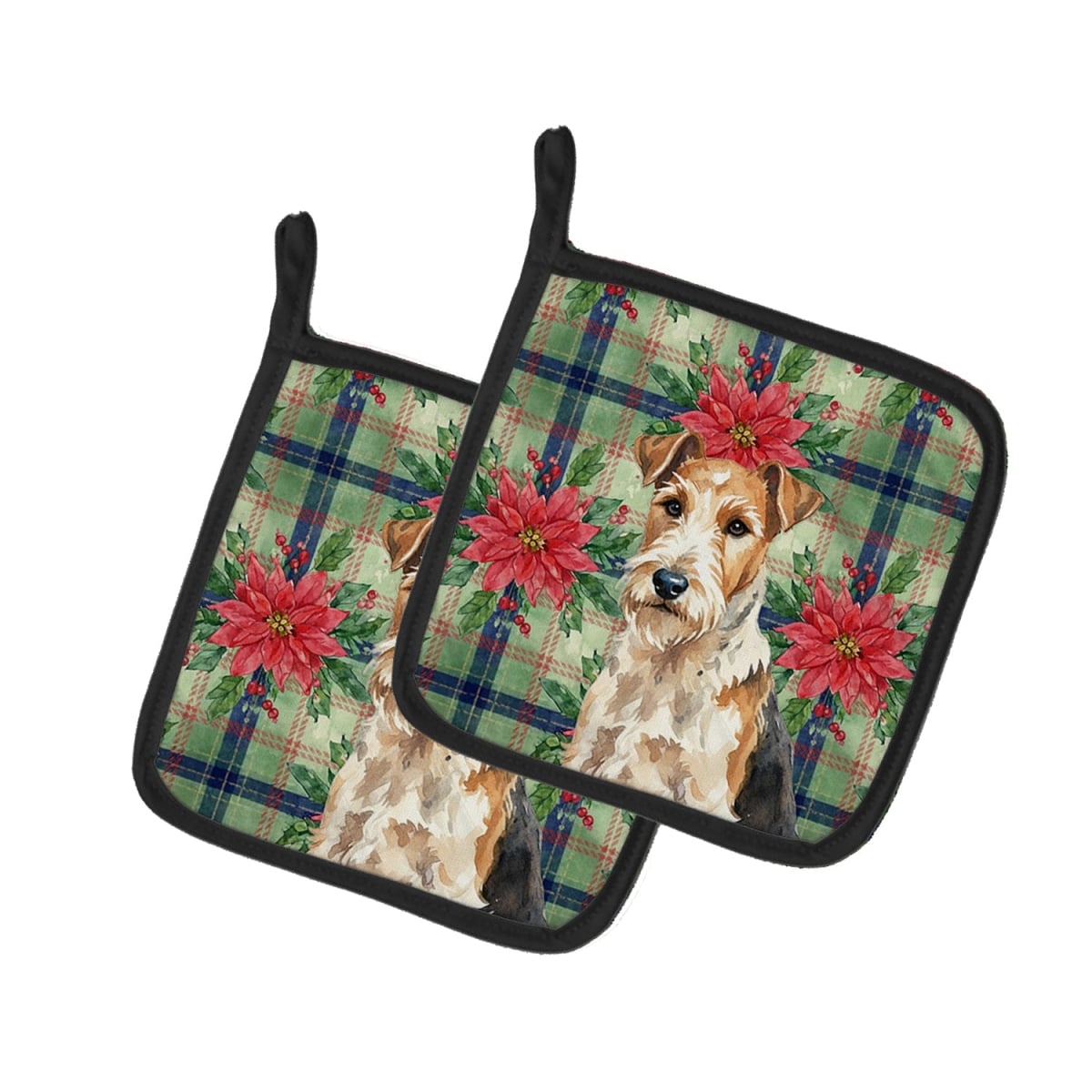 Picture of Carolines Treasures WDK8857PTHD Unisex Adult Wire Fox Terrier Christmas Poinsettias Pot Holders - 7.5 x 7.5 in. - Set of 2