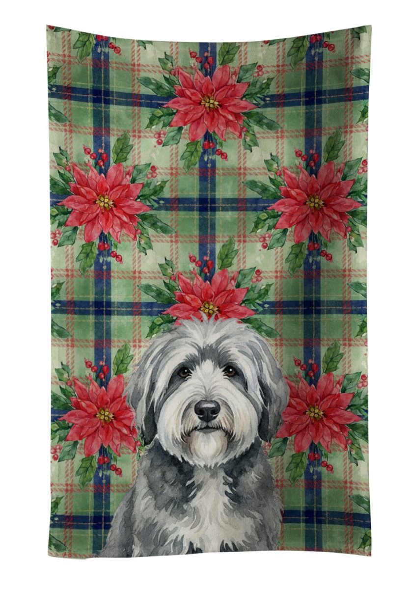 WDK8737KTWL Unisex Adult Gray & White Old English Sheepdog Christmas Poinsettias Kitchen Towel - 25 x 15 in.