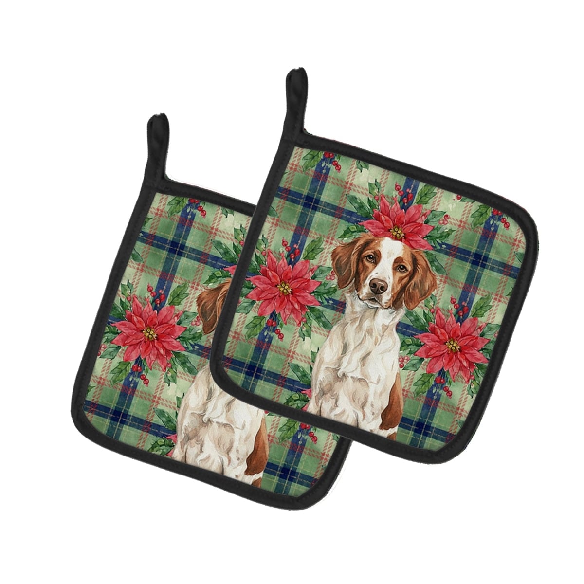 Picture of Carolines Treasures WDK8543PTHD Unisex Adult Liver & White Brittany Christmas Poinsettias Pot Holders - 7.5 x 7.5 in. - Set of 2