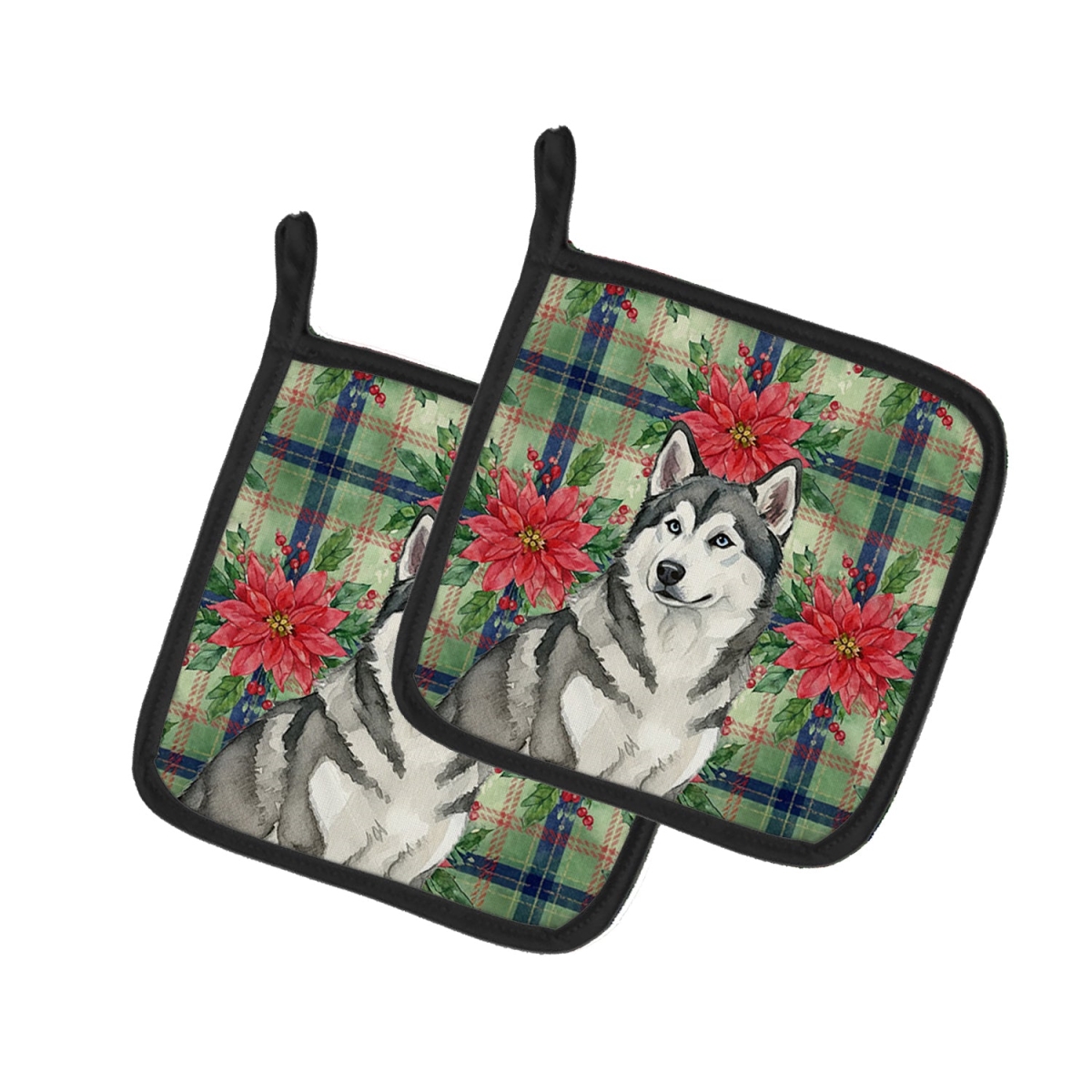 Picture of Carolines Treasures WDK8474PTHD Unisex Adult Gray & White Alaskan Malamute Christmas Poinsettias Pot Holders - 7.5 x 7.5 in. - Set of 2