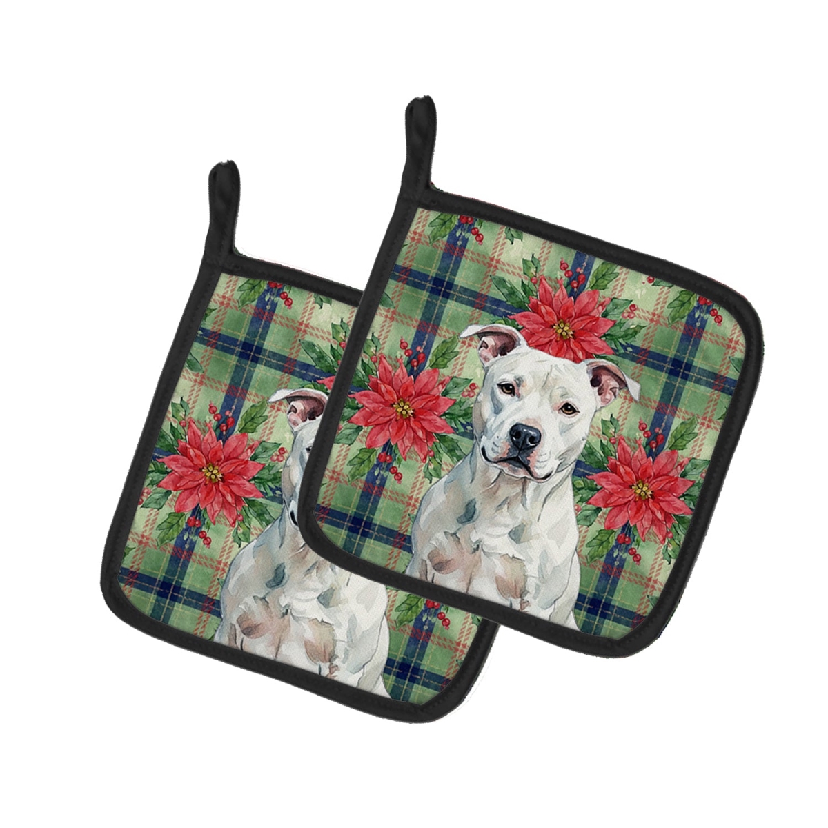 Picture of Carolines Treasures WDK8485PTHD Unisex Adult White American Staffordshire Terrier Christmas Poinsettias Pot Holders - 7.5 x 7.5 in. - Set of 2