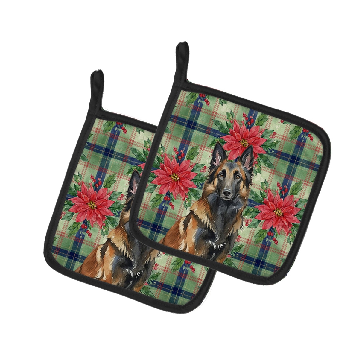 Picture of Carolines Treasures WDK8511PTHD Unisex Adult Belgian Tervuren Christmas Poinsettias Pot Holders - 7.5 x 7.5 in. - Set of 2