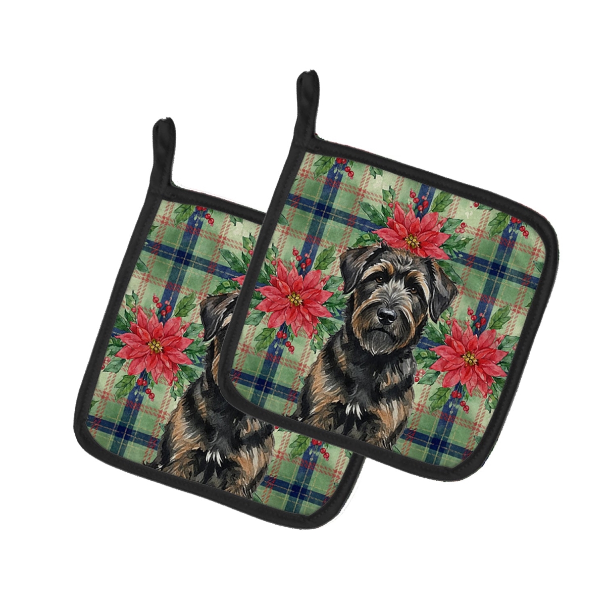 Picture of Carolines Treasures WDK8534PTHD Unisex Adult Brindle Bouvier Des Flandres Christmas Poinsettias Pot Holders - 7.5 x 7.5 in. - Set of 2