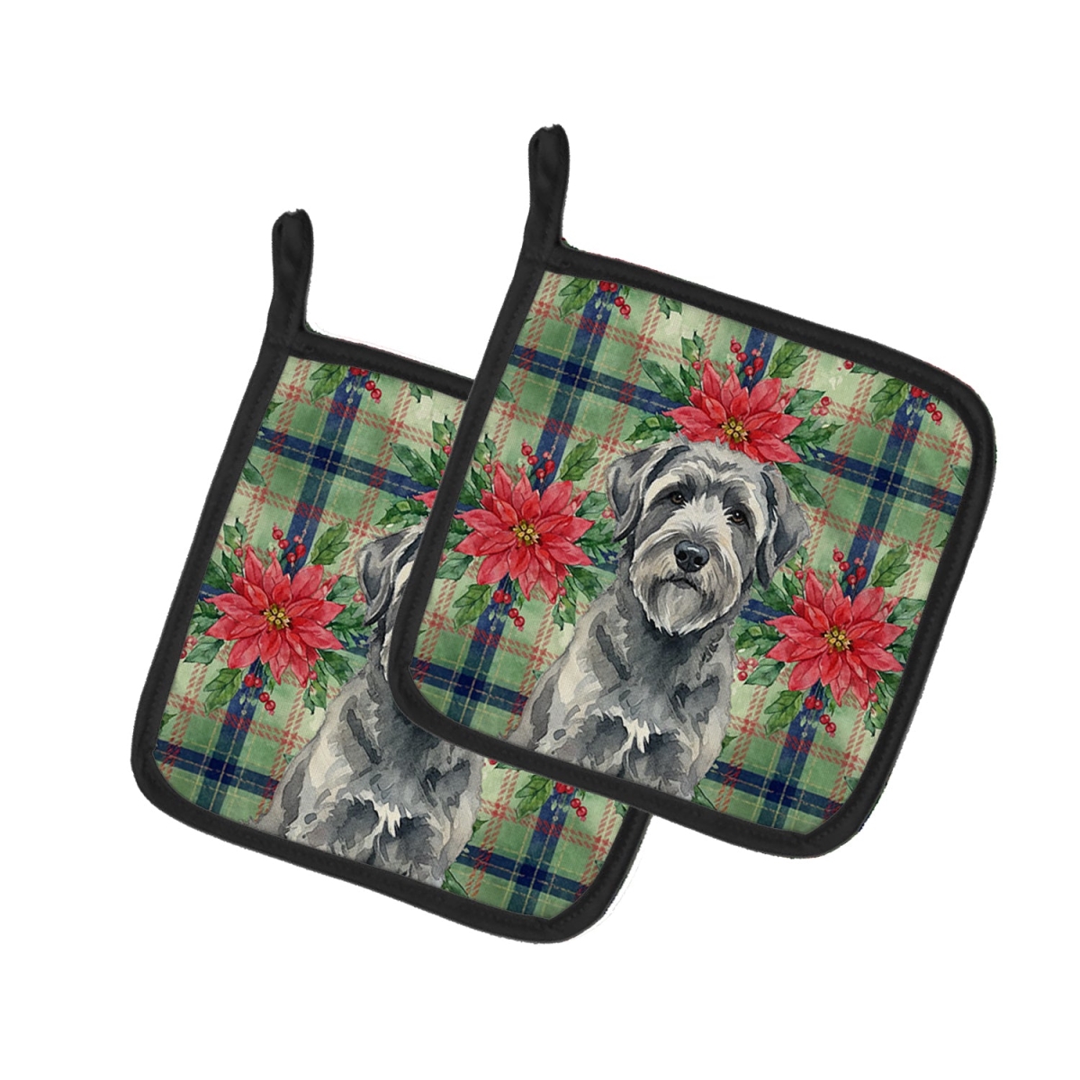 Picture of Carolines Treasures WDK8535PTHD Unisex Adult Gray Bouvier Des Flandres Christmas Poinsettias Pot Holders - 7.5 x 7.5 in. - Set of 2
