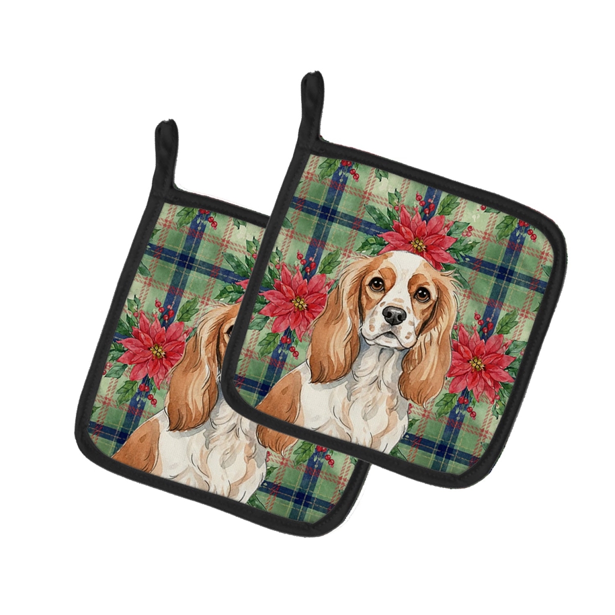 Picture of Carolines Treasures WDK8563PTHD Unisex Adult Blenheim Cavalier Spaniel Christmas Poinsettias Pot Holders - 7.5 x 7.5 in. - Set of 2