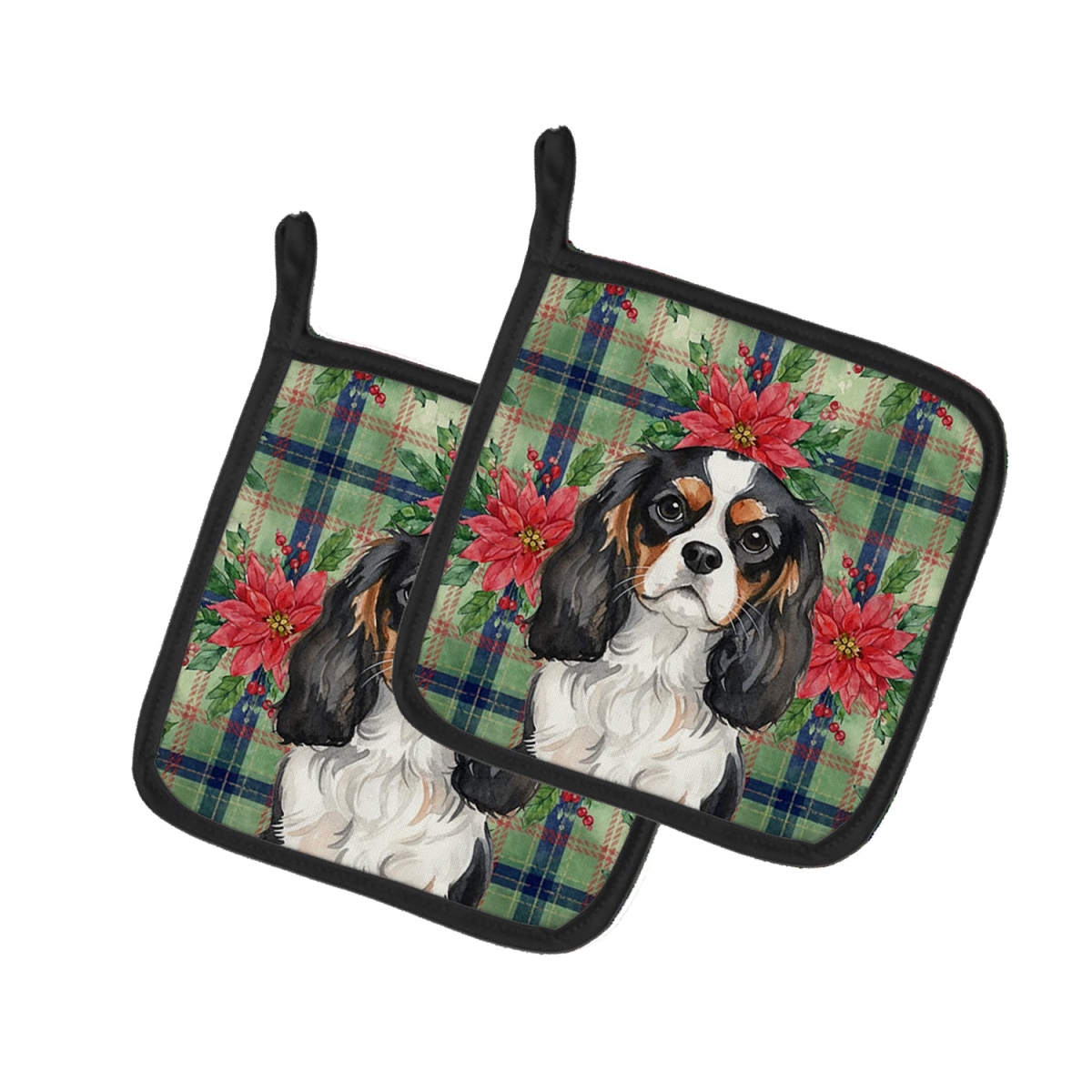 Picture of Carolines Treasures WDK8565PTHD Unisex Adult Tricolor Cavalier Spaniel Christmas Poinsettias Pot Holders - 7.5 x 7.5 in. - Set of 2
