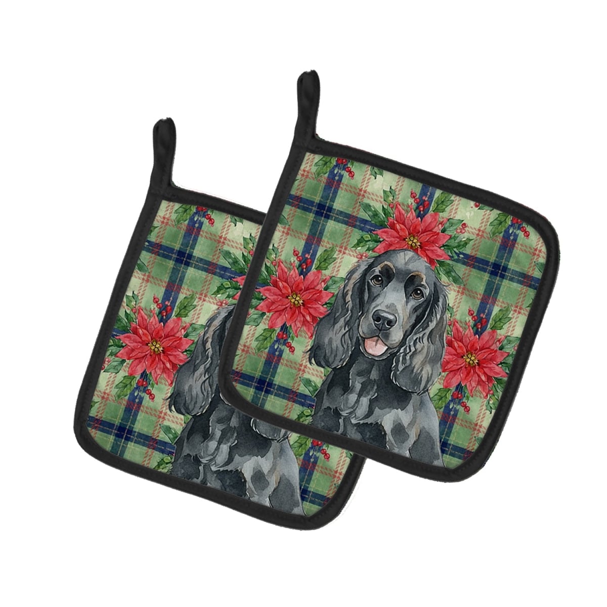 Picture of Carolines Treasures WDK8581PTHD Unisex Adult Black Cocker Spaniel Christmas Poinsettias Pot Holders - 7.5 x 7.5 in. - Set of 2
