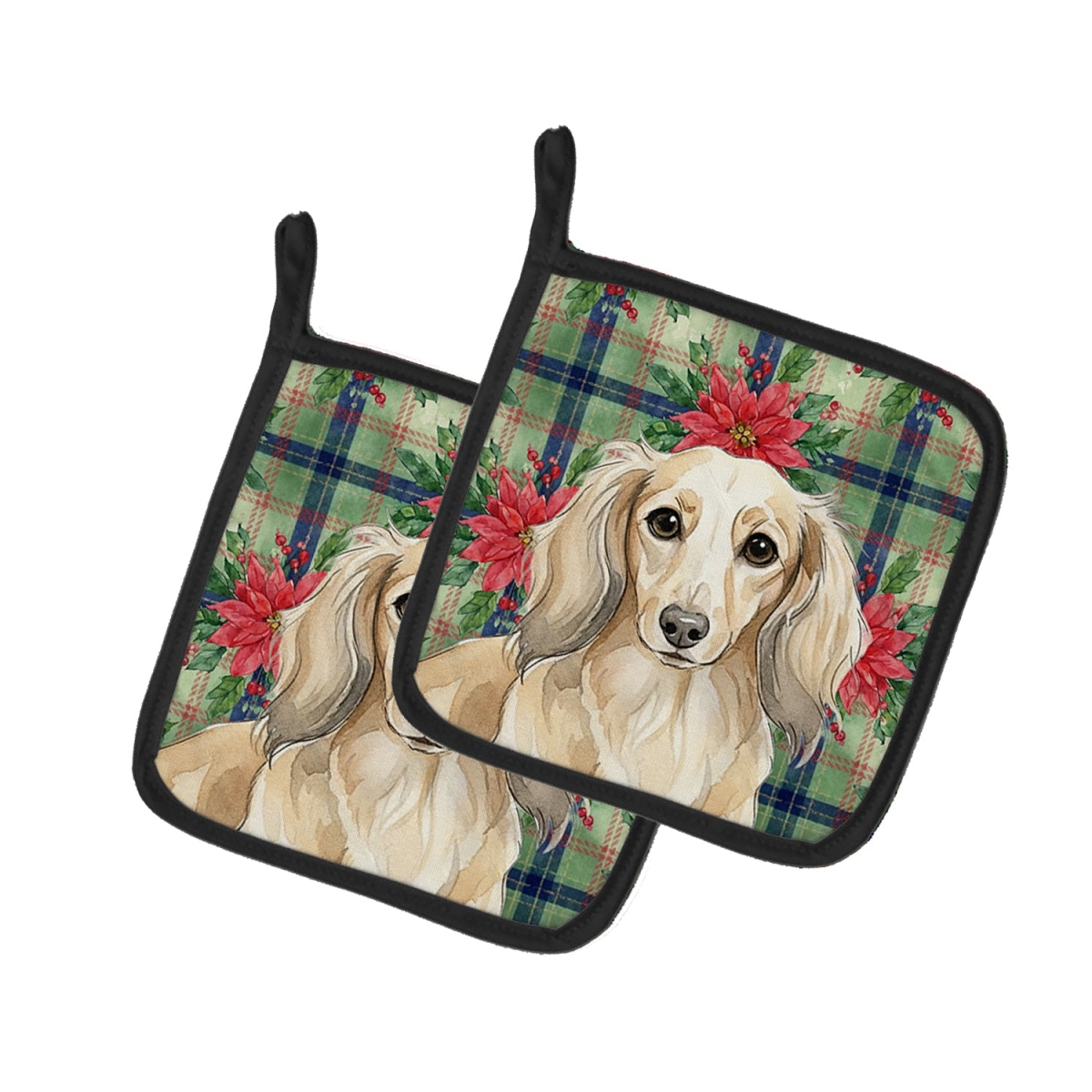 Picture of Carolines Treasures WDK8597PTHD Unisex Adult Longhaired Cream Dachshund Christmas Poinsettias Pot Holders - 7.5 x 7.5 in. - Set of 2