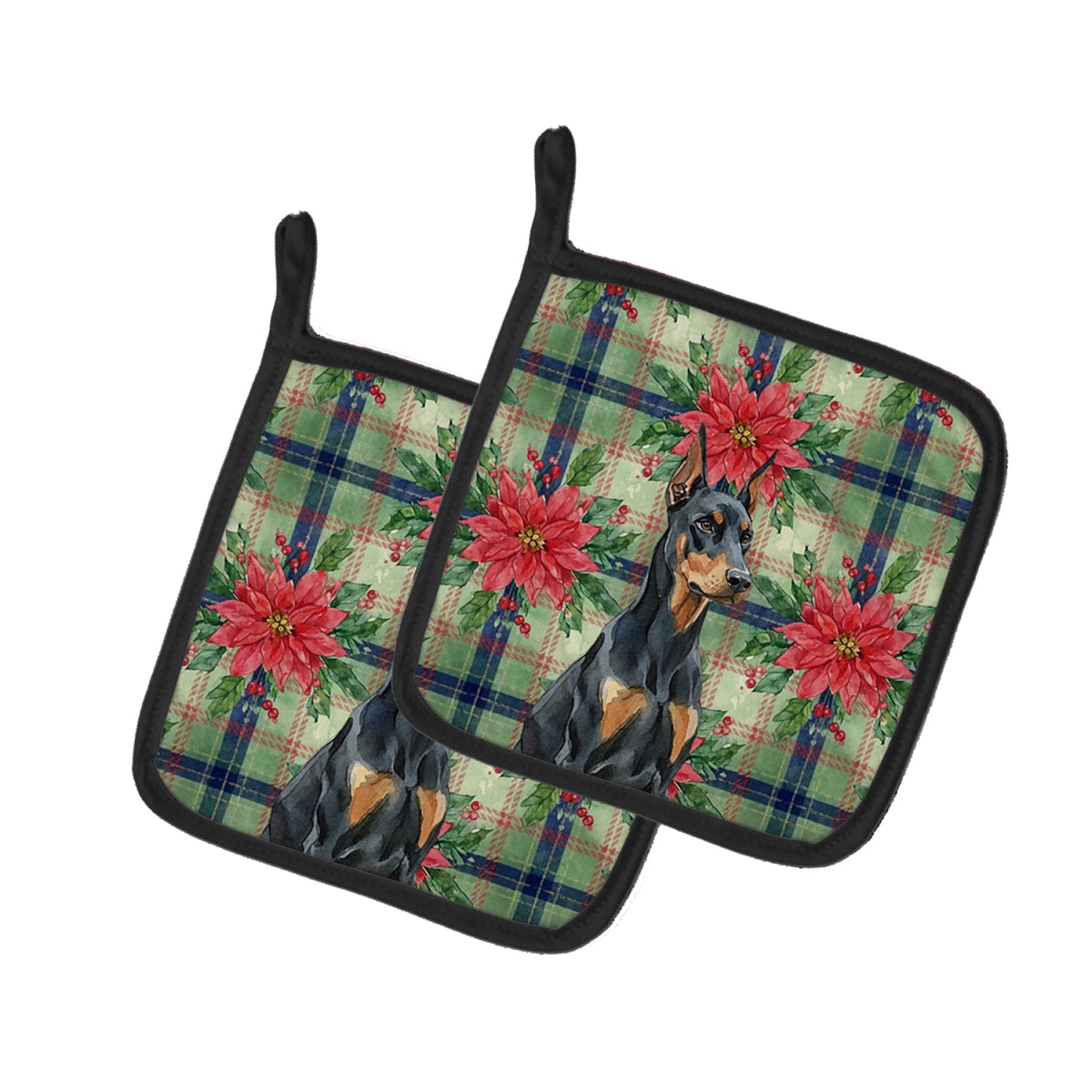 Picture of Carolines Treasures WDK8607PTHD Unisex Adult Doberman Pinscher Christmas Poinsettias Pot Holders - 7.5 x 7.5 in. - Set of 2