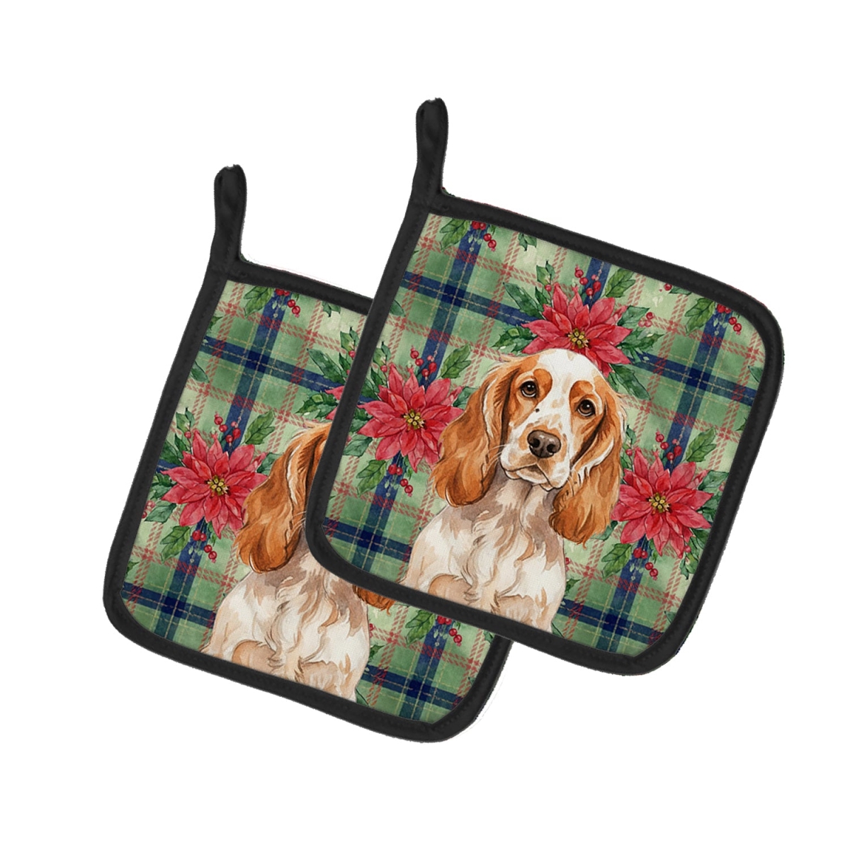 Picture of Carolines Treasures WDK8622PTHD Unisex Adult Orange Roan English Cocker Spaniel Christmas Poinsettias Pot Holders - 7.5 x 7.5 in. - Set of 2