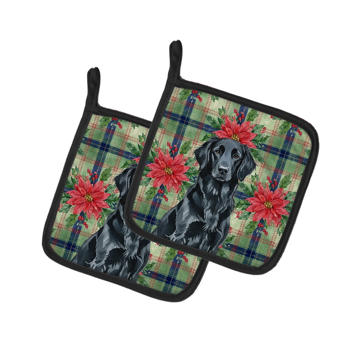 Picture of Carolines Treasures WDK8638PTHD Unisex Adult Black Flat-Coated Retriever Christmas Poinsettias Pot Holders - 7.5 x 7.5 in. - Set of 2