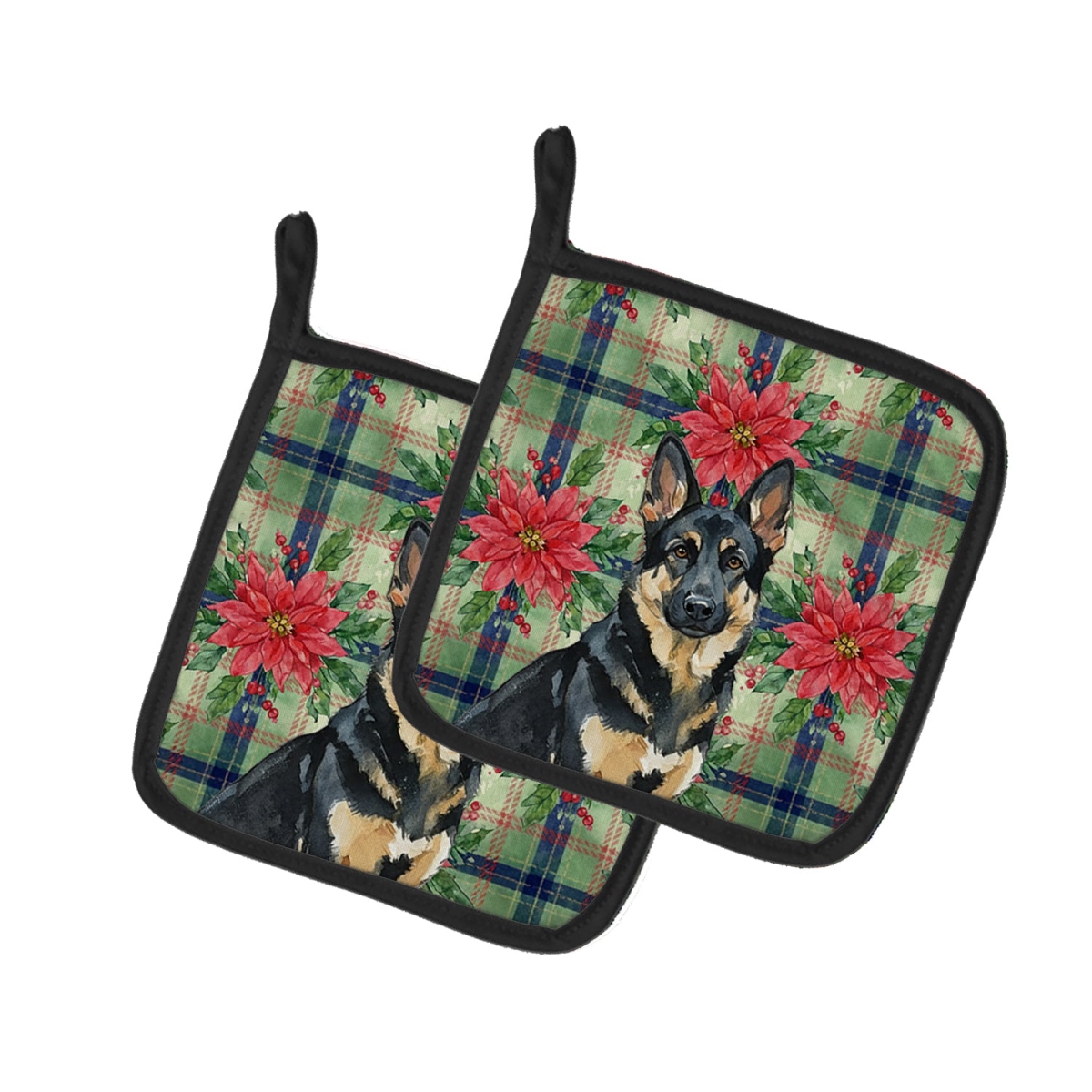 Picture of Carolines Treasures WDK8644PTHD Unisex Adult Black & Tan German Shepherd Christmas Poinsettias Pot Holders - 7.5 x 7.5 in. - Set of 2