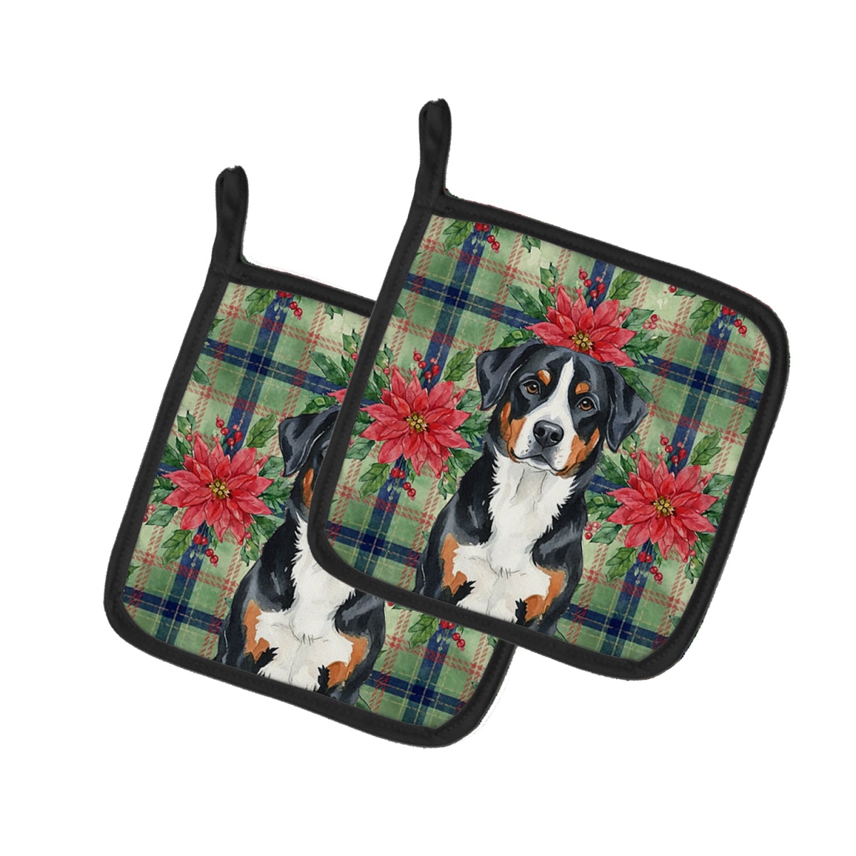 Picture of Carolines Treasures WDK8659PTHD Unisex Adult Greater Swiss Mountain Dog Christmas Poinsettias Pot Holders - 7.5 x 7.5 in. - Set of 2