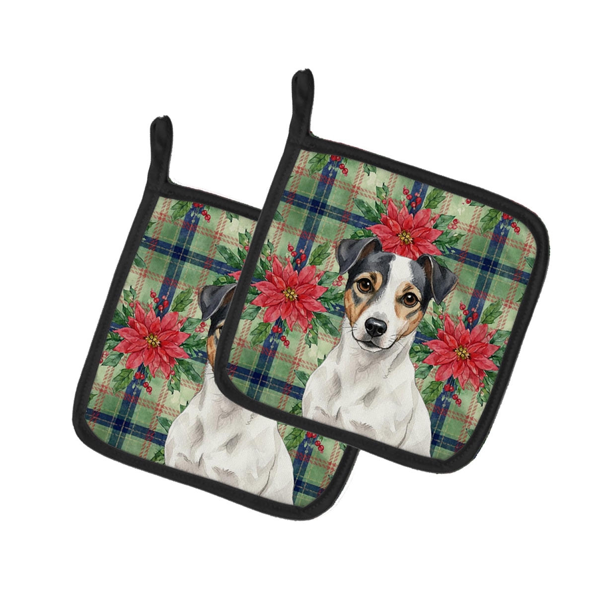 Picture of Carolines Treasures WDK8682PTHD Unisex Adult White & Black Jack Russell Terrier Christmas Poinsettias Pot Holders - 7.5 x 7.5 in. - Set of 2