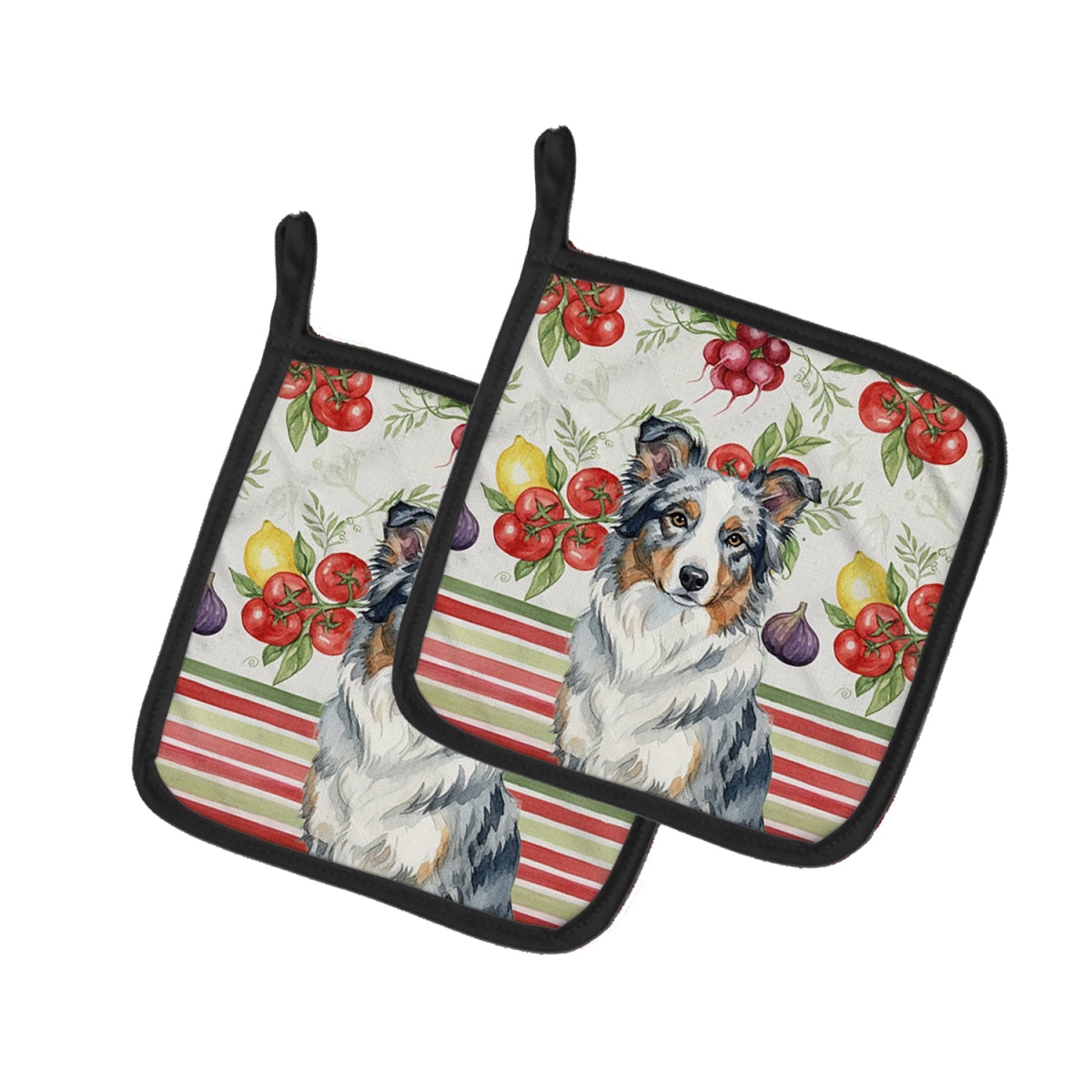 Picture of Carolines Treasures WDK8122PTHD Unisex Adult Blue Merle Border Collie Vegetables Pot Holders - 7.5 x 7.5 in. - Set of 2