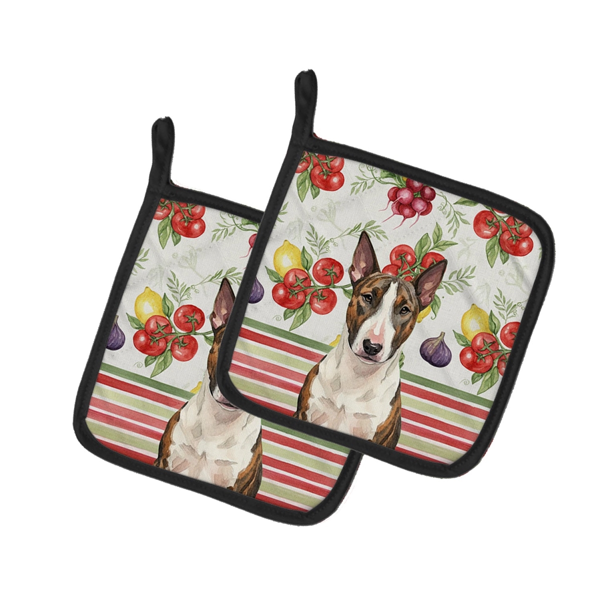 Picture of Carolines Treasures WDK8149PTHD Unisex Adult Brindle & White Bull Terrier Vegetables Pot Holders - 7.5 x 7.5 in. - Set of 2