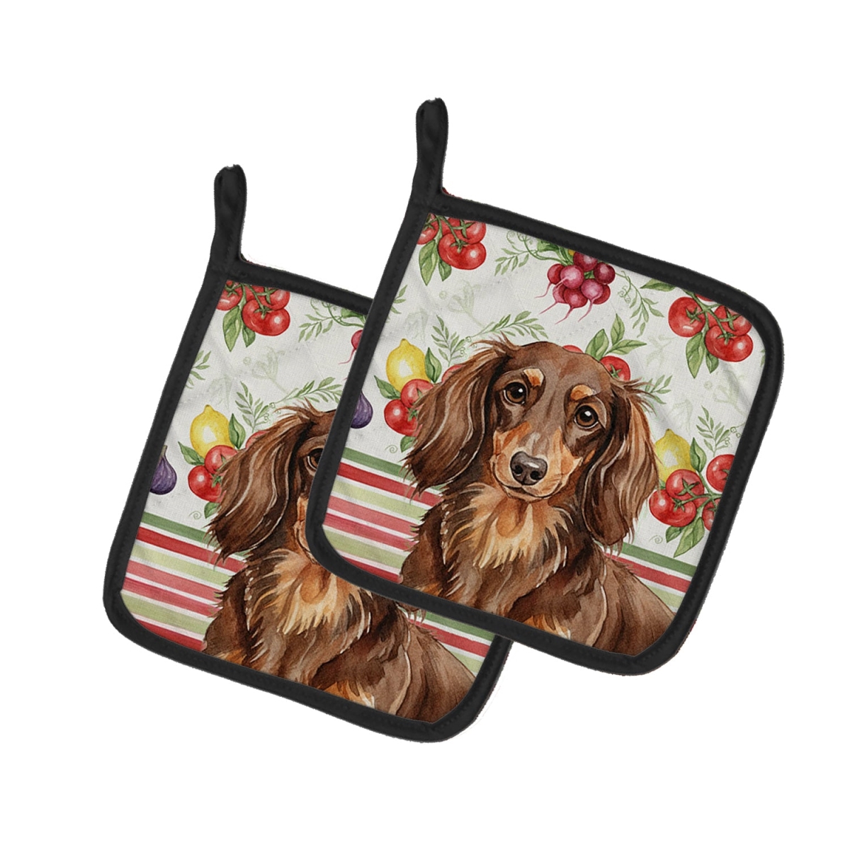 Picture of Carolines Treasures WDK8196PTHD Unisex Adult Longhaired Chocolate & Tan Dachshund Vegetables Pot Holders - 7.5 x 7.5 in. - Set of 2