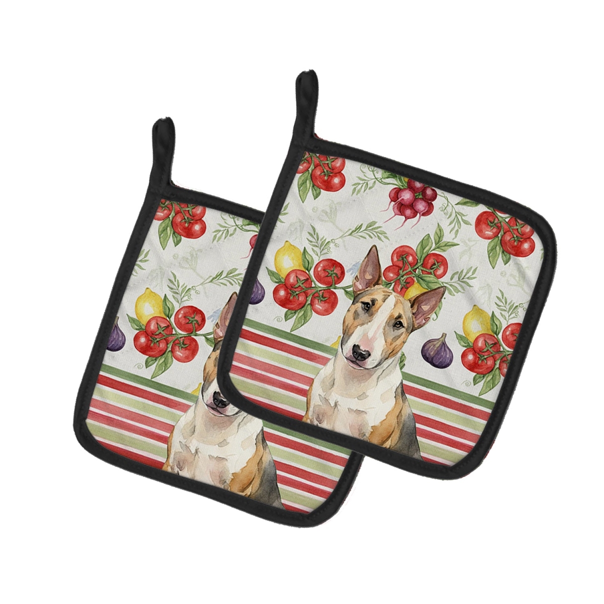Picture of Carolines Treasures WDK8312PTHD Unisex Adult Tricolor Miniature Bull Terrier Vegetables Pot Holders - 7.5 x 7.5 in. - Set of 2