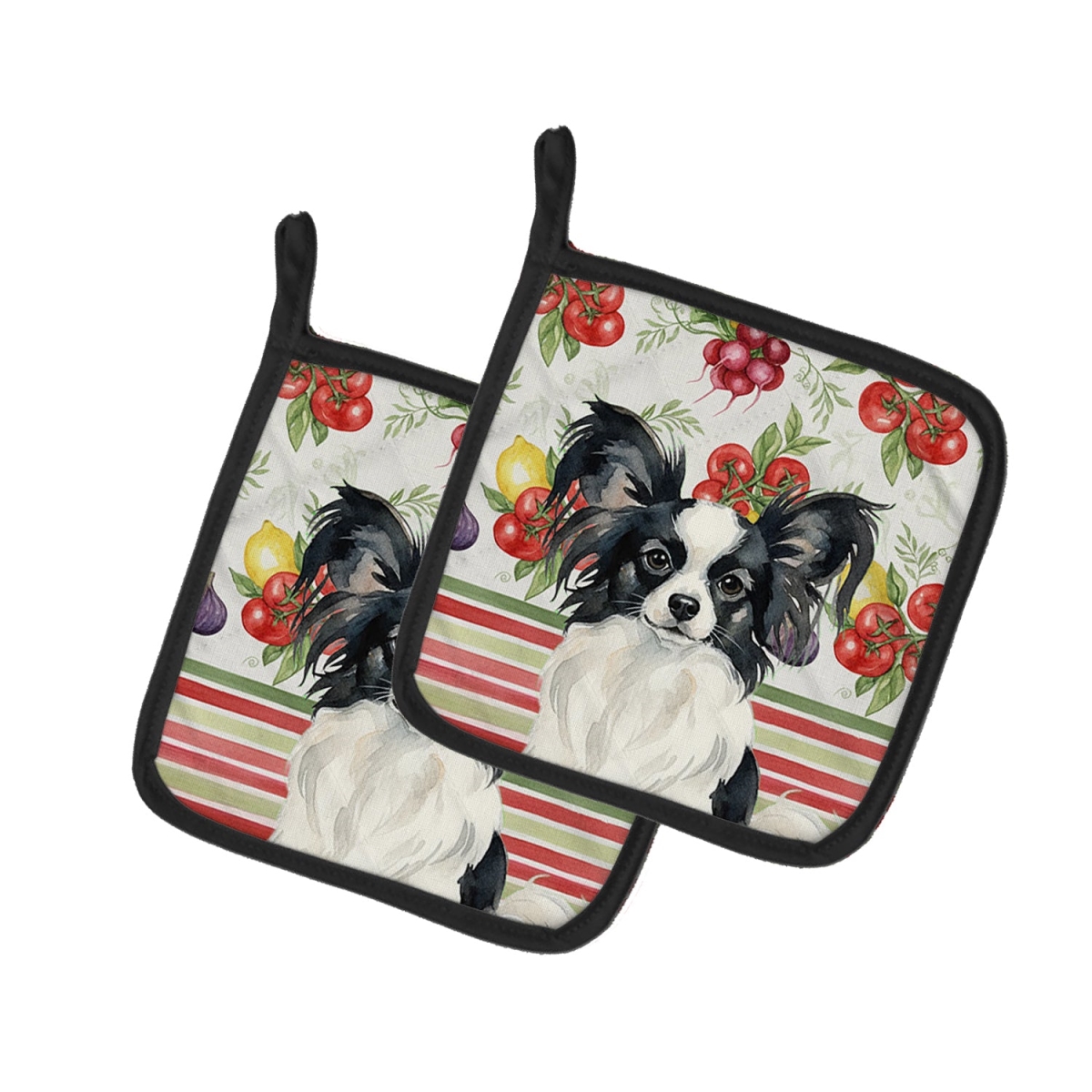 Picture of Carolines Treasures WDK8341PTHD Unisex Adult Black & White Papillon Vegetables Pot Holders - 7.5 x 7.5 in. - Set of 2