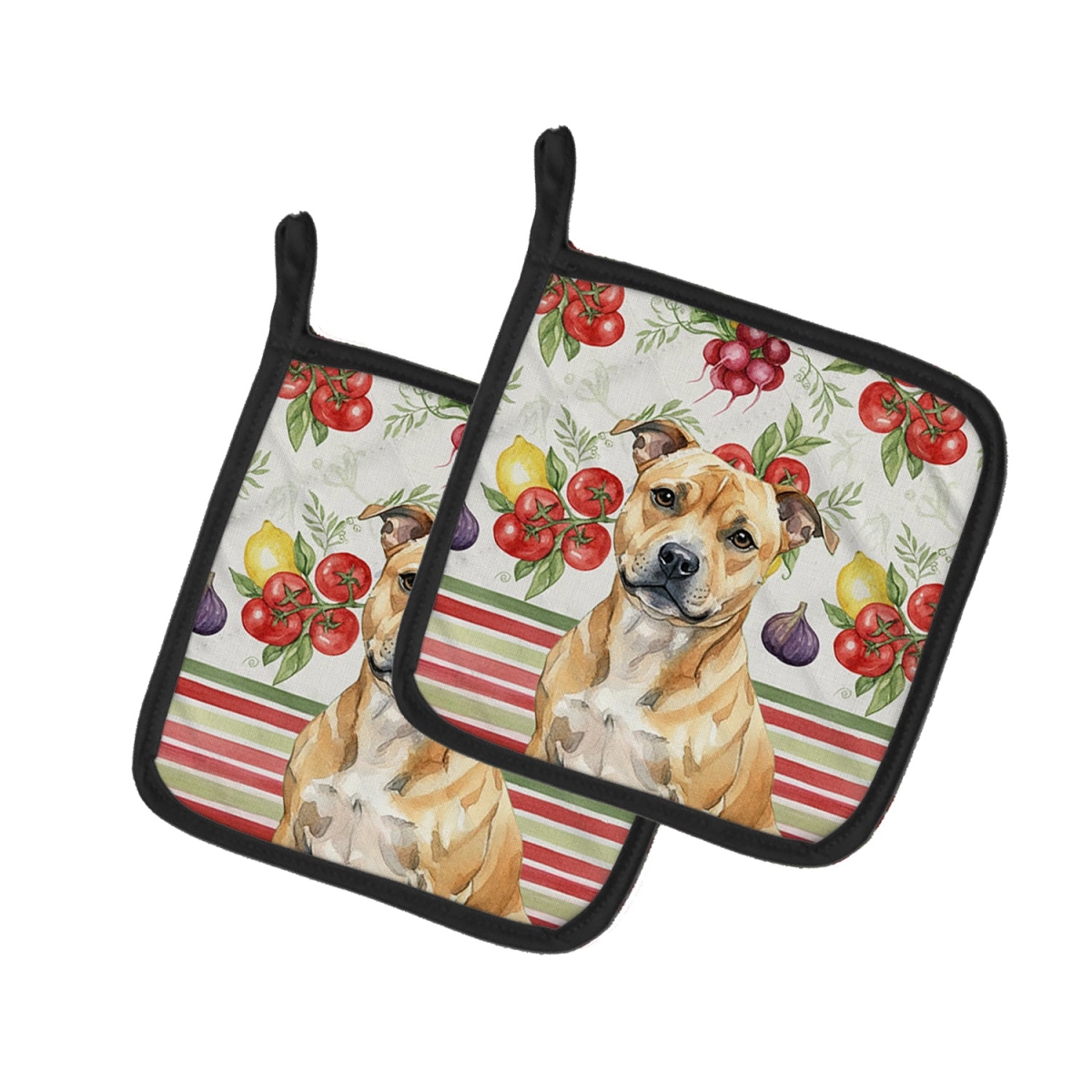 Picture of Carolines Treasures WDK8430PTHD Unisex Adult Fawn Staffordshire Bull Terrier Vegetables Pot Holders - 7.5 x 7.5 in. - Set of 2