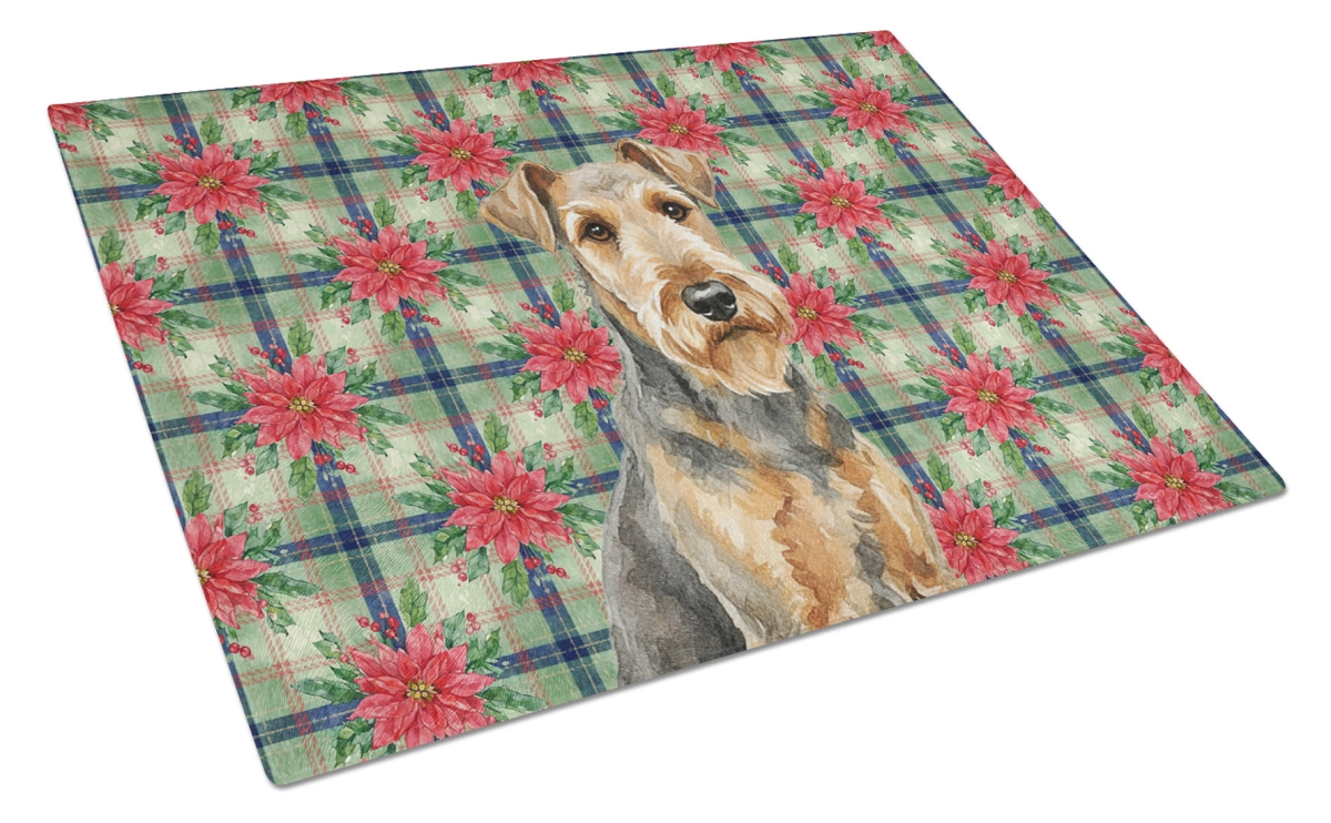Picture of Carolines Treasures WDK8468LCB Unisex Adult Grizzle Airedale Terrier Christmas Poinsettias Glass Cutting Board - 15 x 12 in.