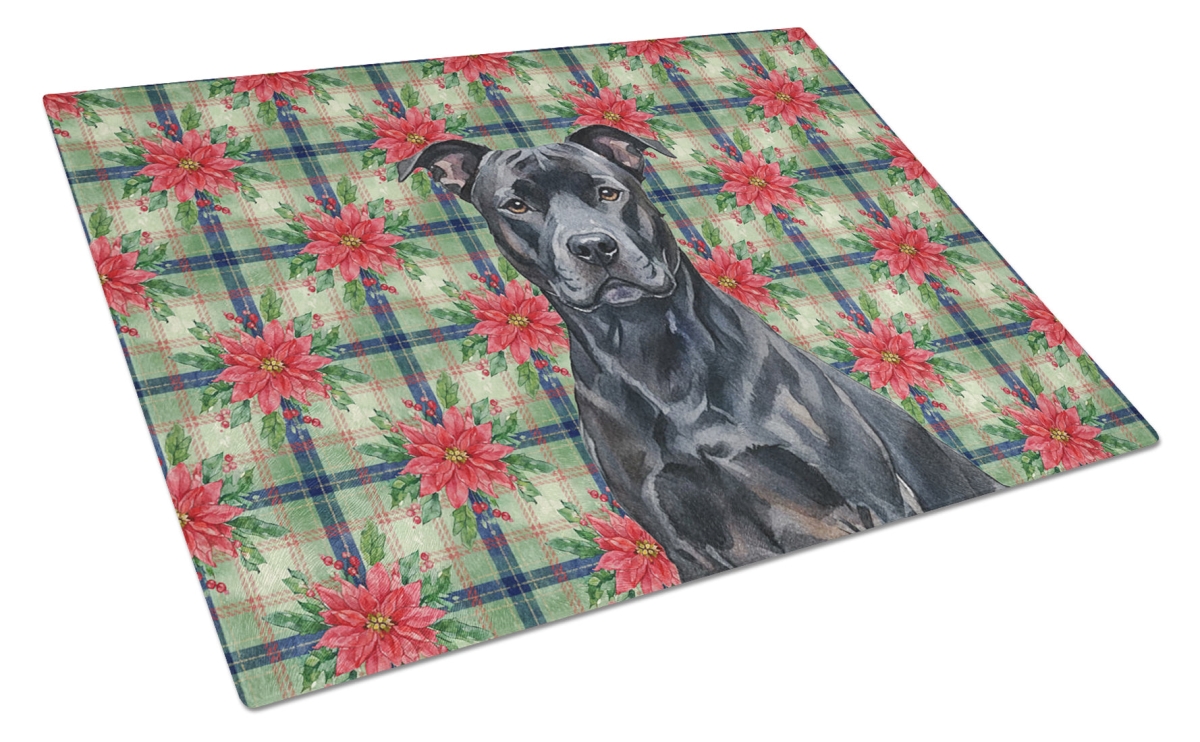 Picture of Carolines Treasures WDK8481LCB Unisex Adult Black American Staffordshire Terrier Christmas Poinsettias Glass Cutting Board - 15 x 12 in.