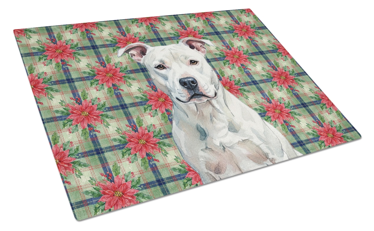 Picture of Carolines Treasures WDK8485LCB Unisex Adult White American Staffordshire Terrier Christmas Poinsettias Glass Cutting Board - 15 x 12 in.