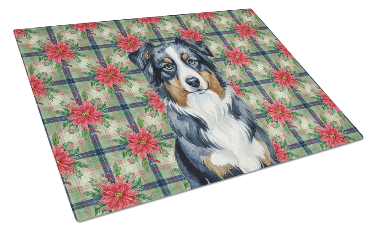 Picture of Carolines Treasures WDK8489LCB Unisex Adult Black Australian Shepherd Christmas Poinsettias Glass Cutting Board - 15 x 12 in.