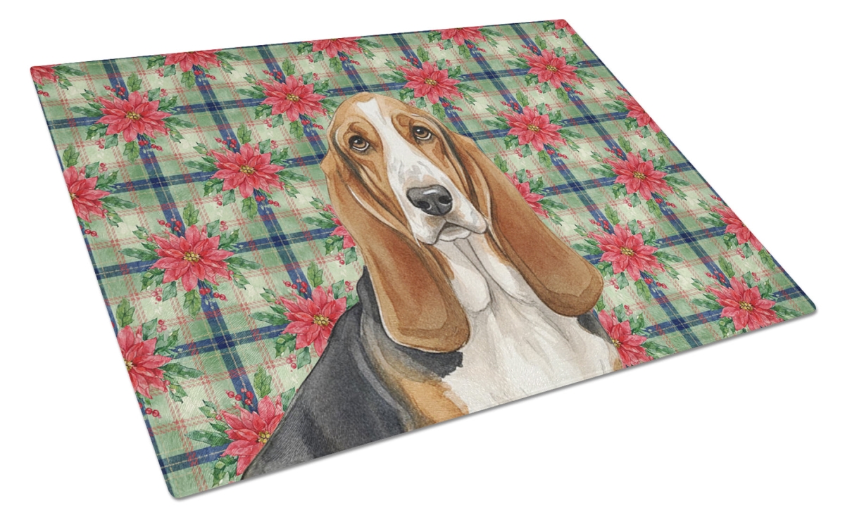 Picture of Carolines Treasures WDK8498LCB Unisex Adult Tricolor & White Basset Hound Christmas Poinsettias Glass Cutting Board - 15 x 12 in.