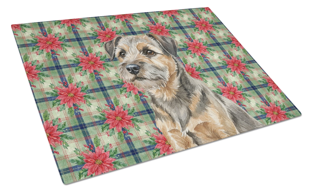Picture of Carolines Treasures WDK8526LCB Unisex Adult Grizzle & Tan Border Terrier Christmas Poinsettias Glass Cutting Board - 15 x 12 in.