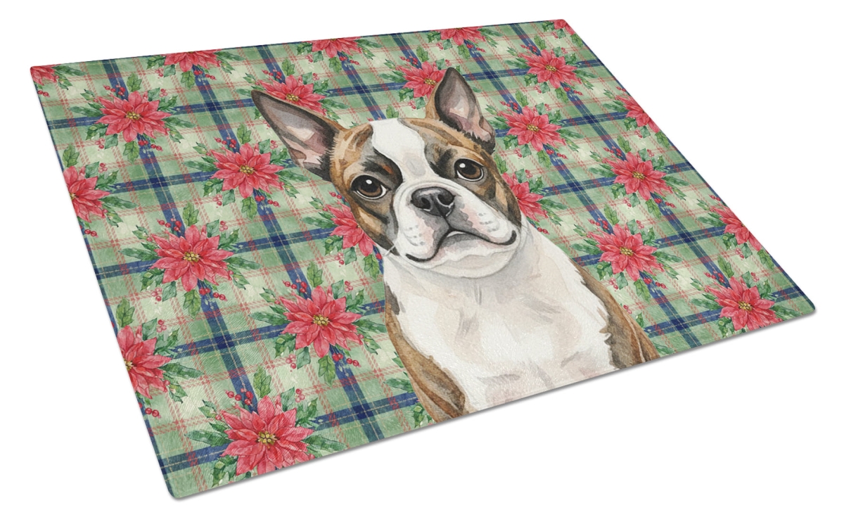 Picture of Carolines Treasures WDK8531LCB Unisex Adult Brindle Boston Terrier Christmas Poinsettias Glass Cutting Board - 15 x 12 in.